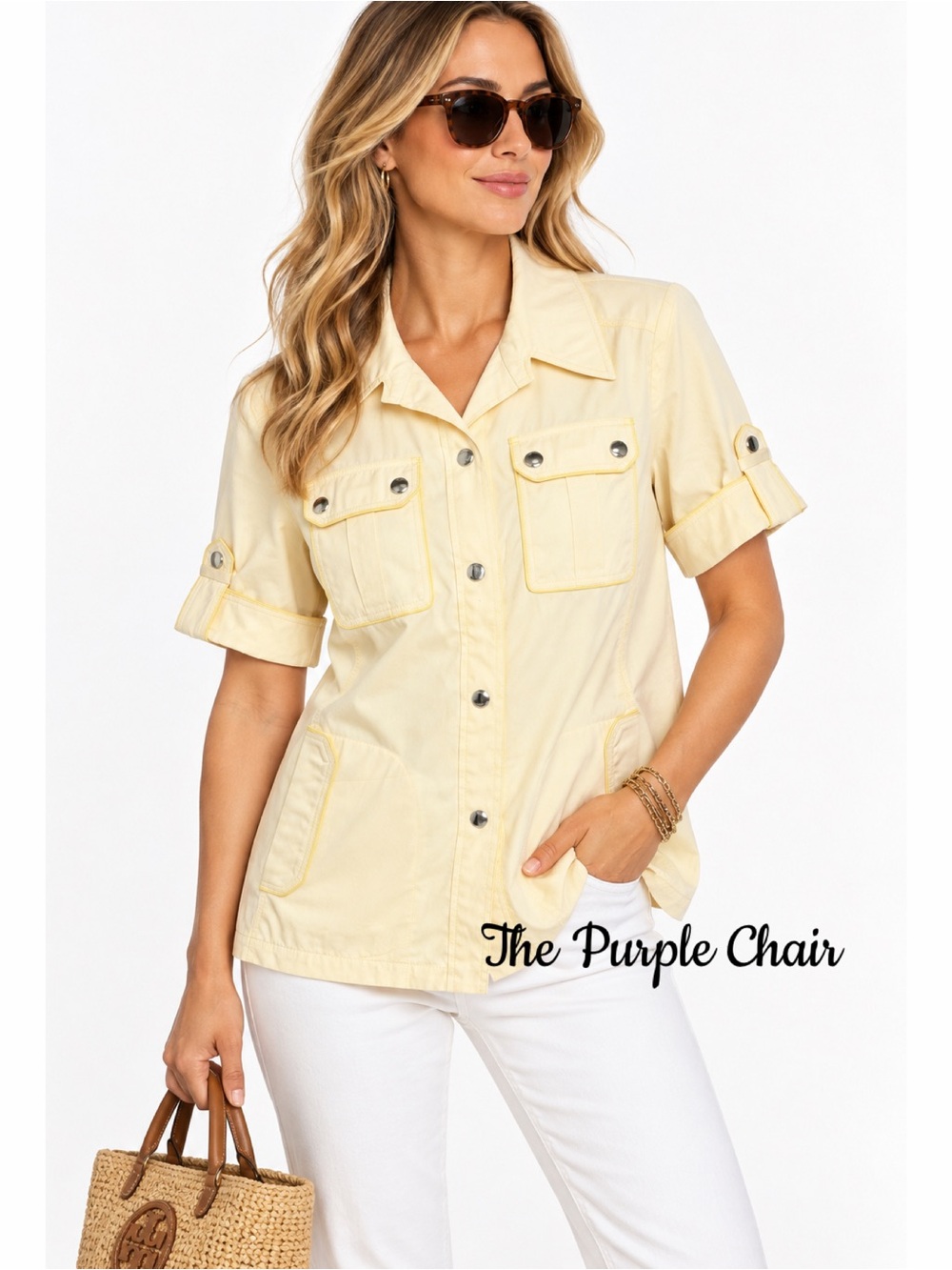 TORY BURCH NWT Iced Lemon Short Sleeve Cotton Twill Safari Shirt 4